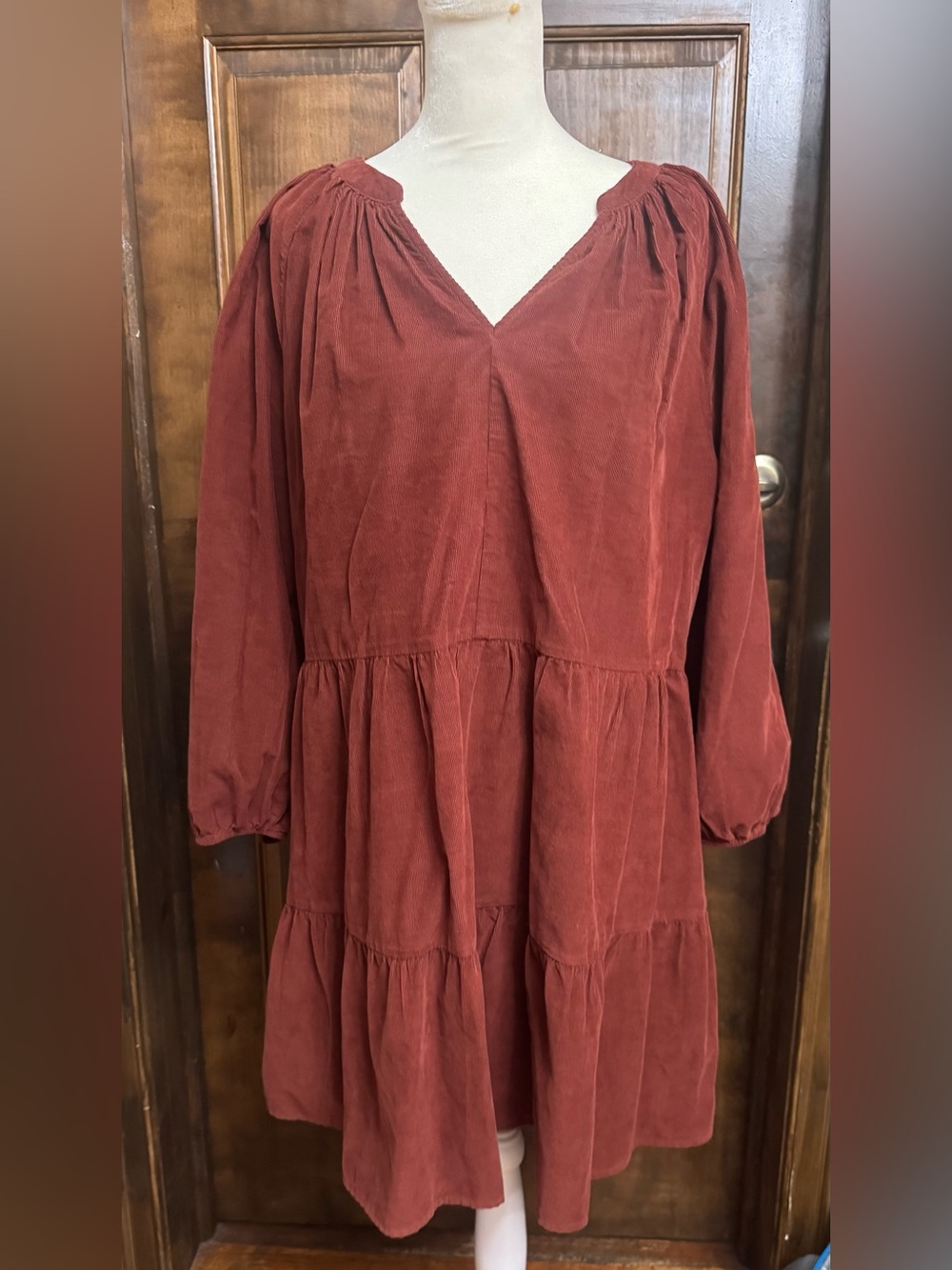 Sonoma Rust Red Corduroy V-Neck Tiered Long-Sleeve Dress